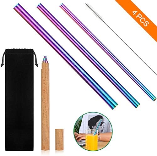 Sayopin 3 Pcs Stainless Steel Metal Straws，Reusable Drinking Straw Set with Wooden Case & Cleaning Brush， Portable Stainless Steel Straws for Travel Household Outdoor