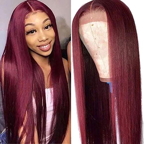 Unice-Hair-Straight-Burgundy-T-Part-Lace-Closure-Human-Hair-Wigs-Red-Color-Middle-Part-Brazilian-Virgin-Hair-Silk-Base-Fake-Scalp-Pre-Plucked-99J-Wig-for-Black-Women-150-Density-16-inch
