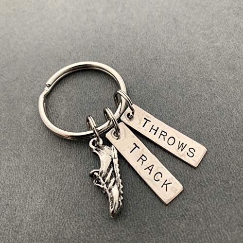 RUN TRACK THROWS Key Chain - Running Shoe Charm and Hand Stamped TRACK and THROWS Pendants on Round Key Ring - Track and Field Throws Events