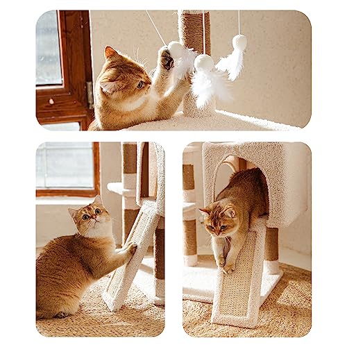 Cat Tree 120cm with Scratching Post Board Cat Tunnels and Cat House Condo, Cat Tree Tower for Indoor Big Cats and Kittens with Padded Plush Perch and Cat Tease Toys Beige