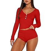 INFITTY Womens Sexy Vneck 2 Piece Sets Casual Long Sleeve Button Short Pajama Outfit 2026 Trendy Crop Top Nightwear
