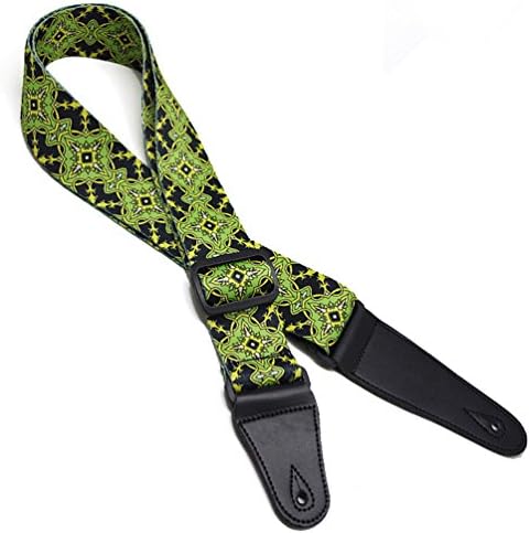 Guitar Strap Ethnic Style Pattern with Leather Ends Adjustable Strap for Acoustic Guitar Electric Bass Guitar Light Green