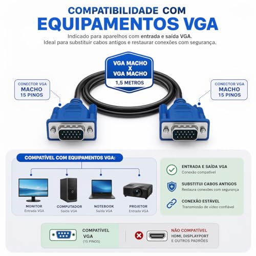 Cabo Vga 1,5m Macho X Macho Com Filtro Para Monitor Pc Tv Projetor Notebook 15 Pinos Conexão Estável Imagem Nítida Compatível Com Tela Externa Uso Residencial Profissional Full HD