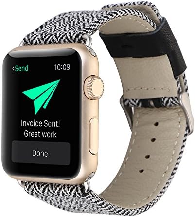 Conelelife For Apple Watch Band 42mm, Linen Fabric Stripe Pattern Replacement Wrist Watch Band Strap with Genuine Leather Lining for Apple Watch Series 3, Series 2, Series 1, Sport, Edition (Stripe)