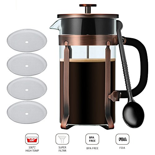 French Press Coffee/Tea Maker, NANAN 34 oz (8 Cup) Glass Coffee Pot with Stainless Steel & Heat-Resistant Borosilicate Glass, 4 Screen Filters