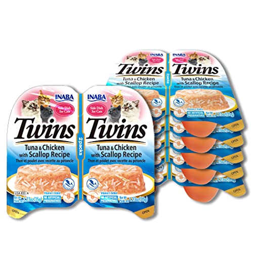 INABA Twins for Cats - Guarnición de gelée de pollo rallado sin granos y caldo sin cereales, 1.23 onzas por porción, 14.76 onzas en total (12 porciones), receta de atún y pollo con vieiras