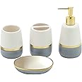 Grey Gold Bathroom accesory Set 4pc,Ceramic Bathroom Accessories Set Gray Bathroom Decor countertop Organize Include Toothbrush Holder soap Dispenser soap Dish Tumbler Cup Best Gift for Bath Storage