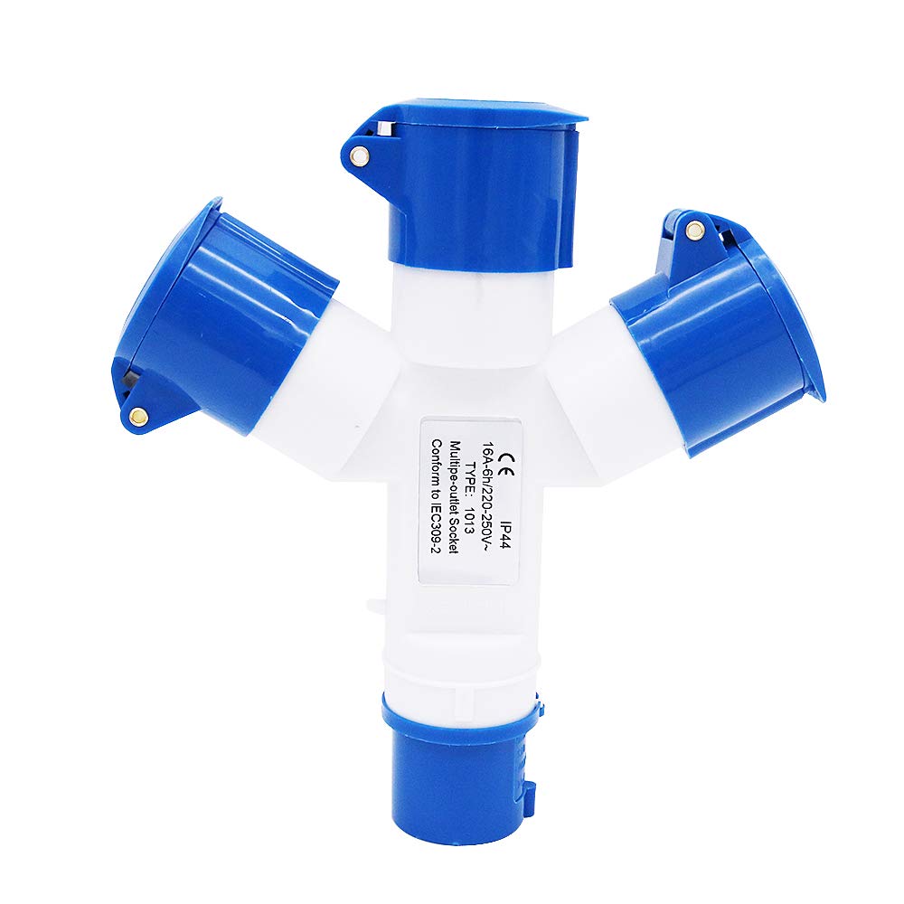 POFET Multifunctional Industrial Socket 16 Amp 3P IP44 380V 3 Way Mains Hookup Splitter,Caravan Hook Up Cable -Blue