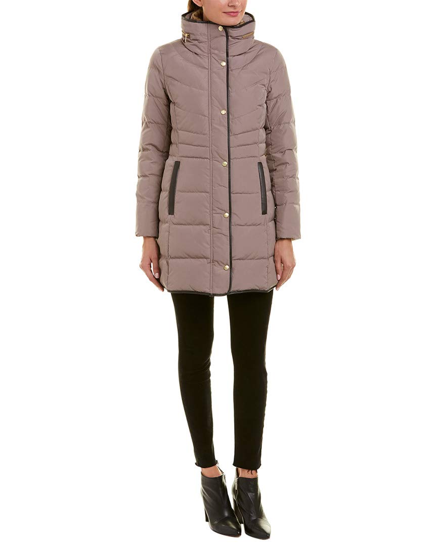 Cole Haan Women’s Taffeta Down Coat with Faux Fur Collar, Cashew, Small