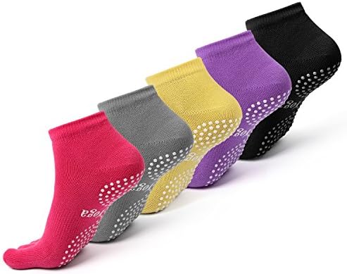 Yoga Socks, Non Slip Socks for Women Men Skid Pilates Barre Cotton Toe Socks with Grips 5 Pairs