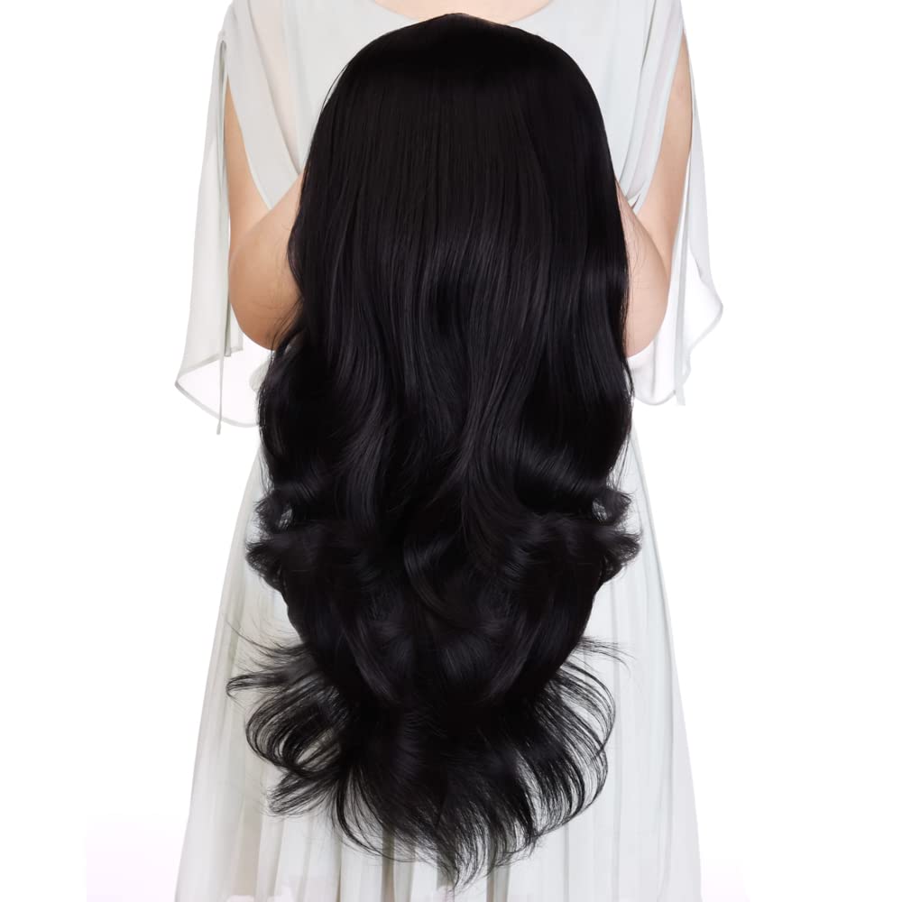 24" Black Long Wavy Clip in Half Head Tied Wig Premium Japanese Synthetic Kanekalon fibers Hair Extensions For Women 210g （11#）