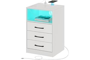 Seventable Nightstand with Wireless Charging Station and LED Lights, Modern End Side Table with 3 Drawers and Open Compartment for Bedroom, White
