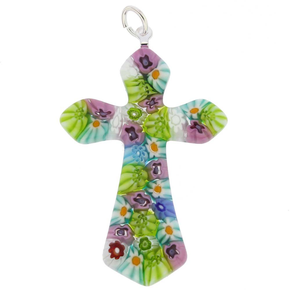 Glass Of Venice Murano Glass Multicolor Millefiori Elegant Cross Pendant