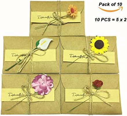 10 PCS Greeting Card Wish Card Gift Card Holder Thank You Notes Birthday Party Invitation Card with Envelopes DIY Handmade Vintage Kraft Dried Flowers Decorated（4.33"x6.89"）