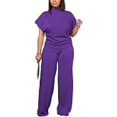 PINSV Lounge Sets For Women Casual 2 Piece Outfits Baggy Short Sleeve Top And Flare Pants Tracksuits
