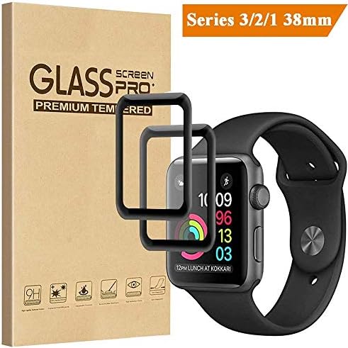 [2 Pack] Tourist Tempered Glass Screen Protector [Full Coverage] Compatible Apple Watch 38mm Series 3/2 / 1-9H Hardness Anti-Scratch Anti-Fingerprint Bubble Free Easy Installation, Black