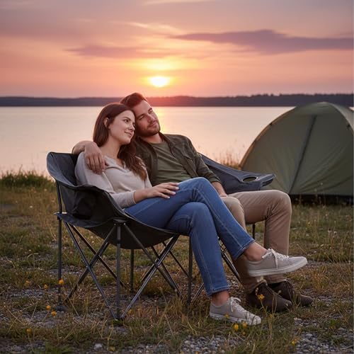 Banc de Camping, 2 Places, Pliable, accoudoirs, 2 Porte-gobelets, Sac Transport, 84x146x54 cm, Gris