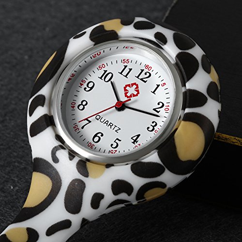 Lancardo Infection Control Hygienic Colorful Flowers Silicon Brooch Fob Nurse Watches (White Leopard)