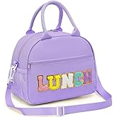 Hairao Lunch Bag for Women and Girls, Aesthetic Preppy Insulated Lunch Tote, Large Reusable Lunch Box with Gold Chenille Letters, Detachable Strap for School, Work & Picnic, Purple