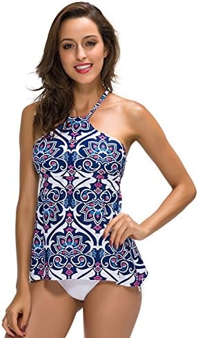 FanShou Women High Neck Tankini Swimsuits Printed Padded Bra Two Piece Swimwear