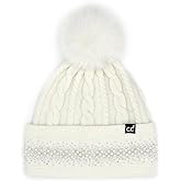 C.C Star Stud Fur Pom Beanie for Women - Recycled Yarn Stretchable Soft Warm Knit Winter Skully Hat with Faux Fur Pom