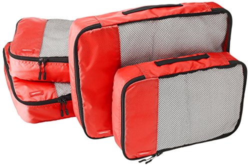 Amazon Basics 4 Piece Packing Travel Organizer Cubes Set - 2 Medium and 2 Large, Red