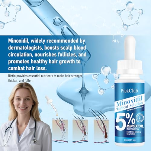 Pickclub 5% Minoxidil with Biotin for Men and Women, Hair and Beard Regrowth Serum, Gentle, Fast-Absorbing, with Dropper, 4-Pack (8.12 fl oz)