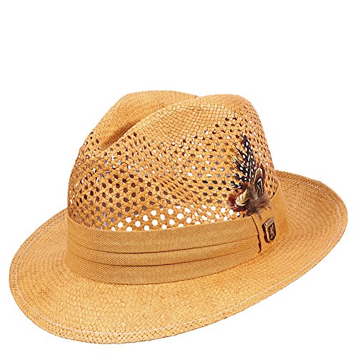 Premium Classic Fedora Straw Hat with Navy Striped Trim Band, Natural