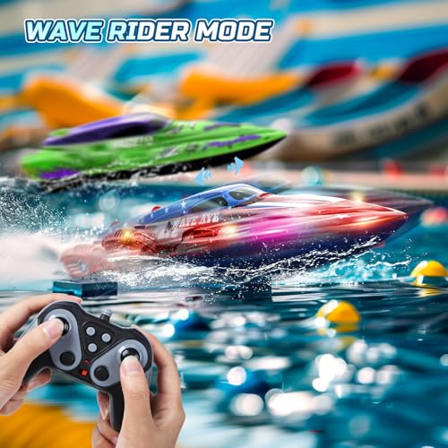 DEERC 2 Pack 13 inch Remote Control Boat for Kids, 4 Batteries, 2.4Ghz RC Racing Boat with LED Lights for Pools and Lakes, Water Summer Toy Gift