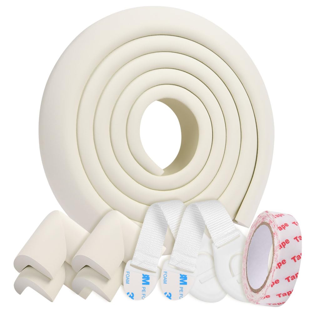 HOTUT Baby Proofing Foam Edge Guard, 2M Baby Edge & 4 Corner Guards, Furniture Table Edge Protectors Foam Baby Safety Bumper Guard, White Childproofing Protection, Pre-Taped Corner Cushions