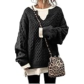 Women's Winter Chunky V Neck Long Sleeve Solid Color Loose Oversized Cable Knit Sweater Pullover