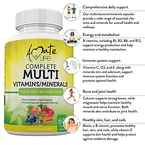 Amate Life Multivitamins/Minerals Capsules with Zinc and Premium 42 Fruits and Veggies Blend for