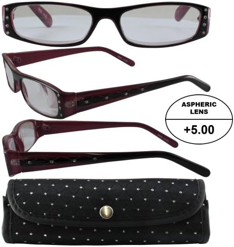Women's High-Powered Reading Glasses: Black and Pink Frame and Matching Case +5.00 Magnification Aspheric Lenses