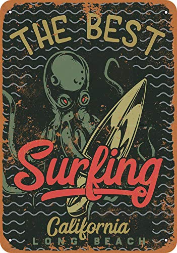 Wall-Color 9 x 12 Metal Sign - The Best Surfing Long Beach Octopus