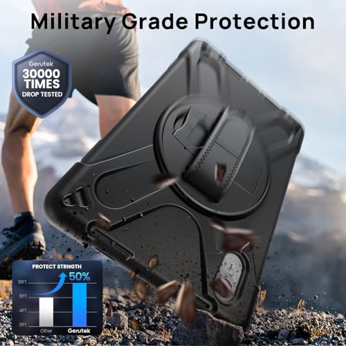 Gerutek Anti-Drop Case for Lenovo Idea Tab 11 Inch 2025/Tab K11 Gen 2/Tab M11/Xiaoxin Pad 11", Rugged Case with Screen Protector, Rotating Stand, Hand/Shoulder Strap, Pencil Holder, Black