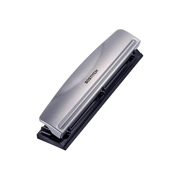 BOSTITCH OFFICE PREMIUM 3 HOLE PUNCH, 12 SHEET CAPACITY, METAL, RUBBER BASE, EASY-CLEAN TRAY, SILVER