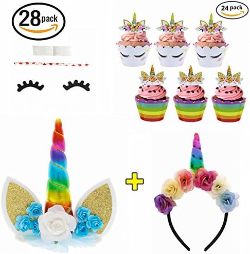 Unicorn Party Supplies Unicorn Cake Topper, 24 Pack Unicorn Cupcake Toppers Wrappers and Unicorn Headband, Rainbow