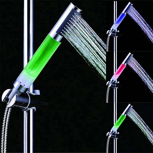 Saberbox LED Shower Head Automatic Temperature Control 3 changing Colors Hand Held Showerhead with ABS Plastic Round Bar Top spray