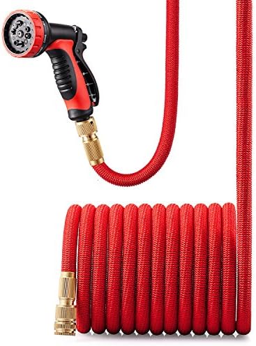 Expandable Garden Hose with Solid Brass Connector and 10 Pattern Sprinkler - 50FT(15M) Red