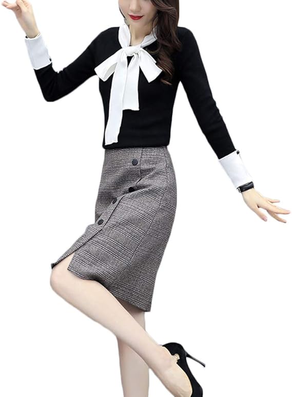 Amazon Habille ﾊﾋﾞｰ レディース タイトスカート チェックスカート セットアップ バイカラーニット ネックリボン 2点セット 通勤服 事務 ブラック ワンピーススーツ 通販