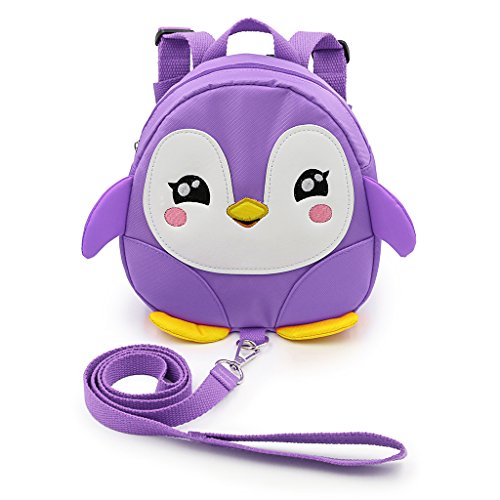 Hipiwe Baby Toddler Walking Safety Backpack Little Kid Boys Girls Anti-Lost Travel Bag Harness Reins Cute Cartoon Penguin Mini Backpacks with Safety Leash for Baby 1-3 Years Old (Purple)