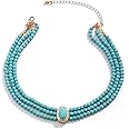 SukAmi Turquoise Choker Necklace Women 3 Layers Necklace Multi Strands Necklace 20s Turquoise Bib Pendant Necklace Choker Party Jewelry Mother's Day Gift