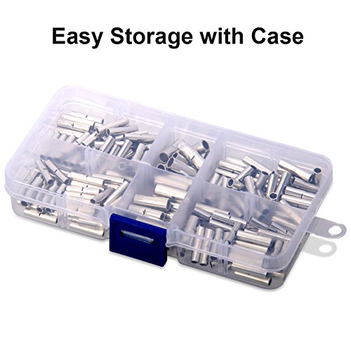 220pcs Non-Insulated Butt Connectors, 22-18/16-14/12-10 AWG Gauge Uninsulated Electrical Wire Ferrule Cable Crimp Terminal Kit with Storage Case for DIY by MILAPEAK