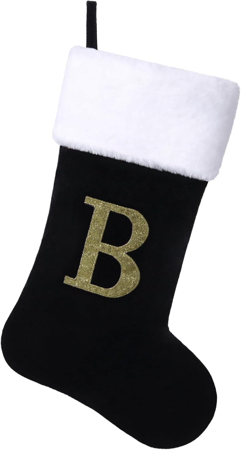 Stockings & Holders - Yehnois 20 Inches Initial Monogram Christmas Stocking Personalized,Deluxe Black Velvet Body with Super Soft Plush Cuff Embroidered Letter,Holiday Season Decor（B）