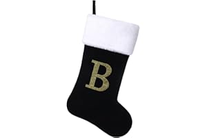 Yehnois 20 Inches Initial Monogram Christmas Stocking Personalized,Deluxe Black Velvet Body with Super Soft Plush Cuff Embroidered Letter,Holiday Season Decor（B）