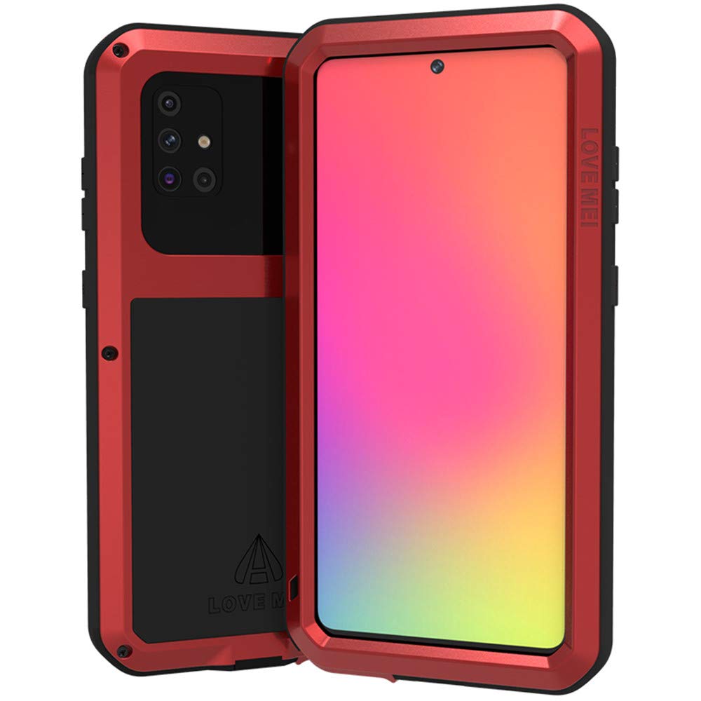 LOVE MEI Compatible With Samsung Galaxy A71 Case, Aluminum Metal Gorilla Glass Waterproof Shockproof Military Heavy Duty Sturdy Protector Cover Hard Case Red