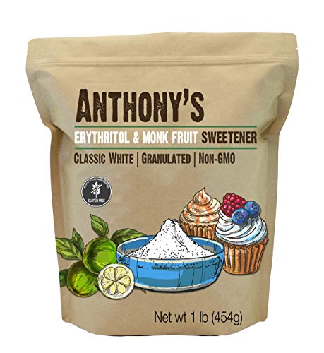 Anthony's Erythritol and Monk Fruit Sweetener Classic White, 1lb, Granulated, 1 to 1 Sugar Substitute, Non GMO, Keto Friendly