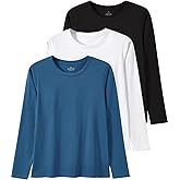 Xelky Womens Cotton Long Sleeve Shirts Workout Round Neck Casual Tops T-Shirt Plain Basic Soild Tee 3 Pack