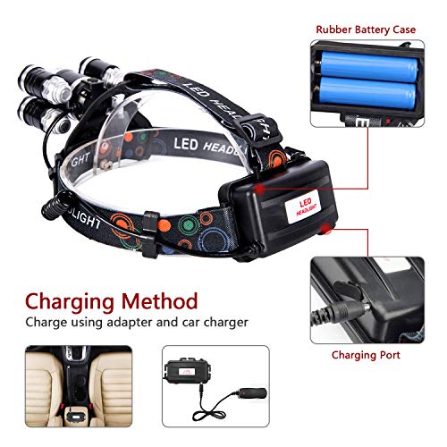 Arzopa Headlamp LED Rechargeable Headlight 4 Modes,Work Headlight,Waterproof Head Torch,Recharged by USB/Plug in/Car Charger (All Include),Headlight Flashlight for Running,Hiking,Fishing,Camping