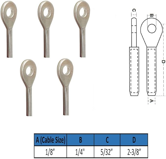 5 PC Swage Eye Terminal End for 1/8" Wire Rope Solid